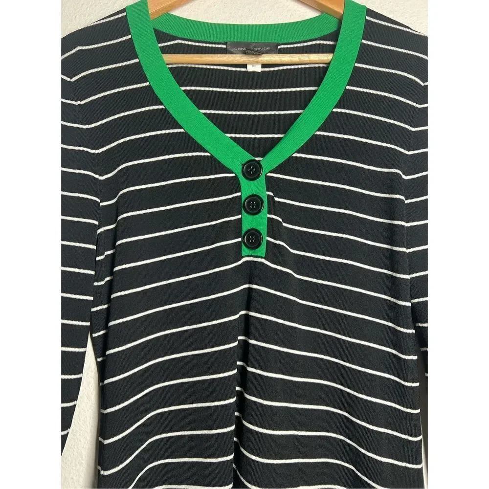Cable & Gauge Women’s Size M Black White Green Striped V-Neck Sweater